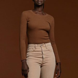 Long Sleeve Ribbed Crewneck Bodysuit | Chocolate