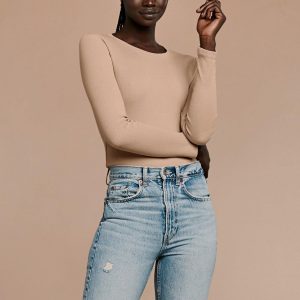 Long Sleeve Ribbed Crewneck Bodysuit | Sand