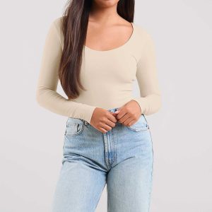 Long Sleeve Scoop Neck Bodysuit | Bone