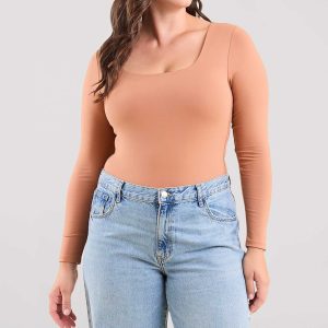 Long Sleeve Square Neck Bodysuit | Clay