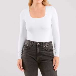 Long Sleeve Square Neck Bodysuit | White