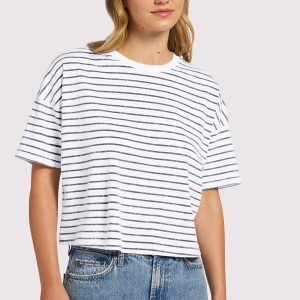Soft Cotton Striped Boxy Tee | White/Navy