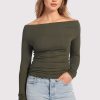 Slinky Rib Off-The-Shoulder Shirt | Darkest Olive