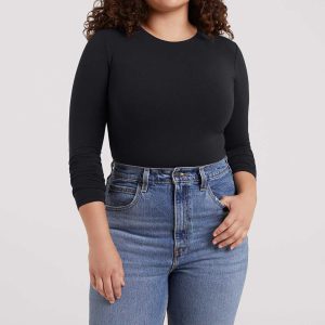 Cotton Stretch Long Sleeve Crewneck Bodysuit | Black