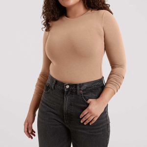 Cotton Stretch Long Sleeve Crewneck Bodysuit | Cinnamon