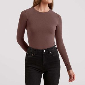 Cotton Stretch Long Sleeve Crewneck Bodysuit | Coffee
