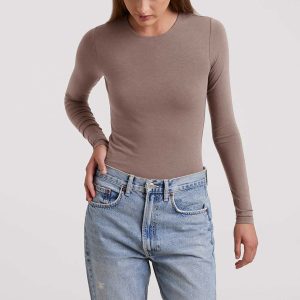 Cotton Stretch Long Sleeve Crewneck Bodysuit | Mocha