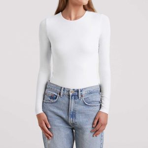 Cotton Stretch Long Sleeve Crewneck Bodysuit | White