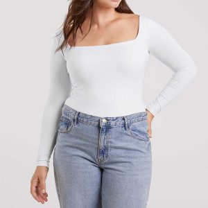Long Sleeve Wide Square Neck Bodysuit | White
