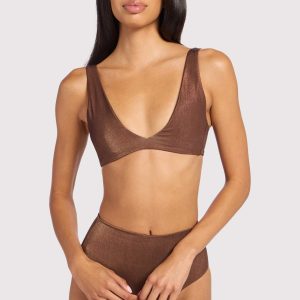 Shimmer Plunge Bikini Top | Coffee