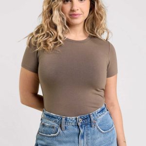 Cotton Stretch Short Sleeve Crewneck Bodysuit | Mocha