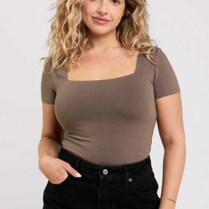 Cotton Stretch Short Sleeve Square Neck Bodysuit | Mocha