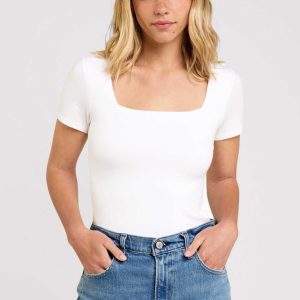 Cotton Stretch Short Sleeve Square Neck Bodysuit | White