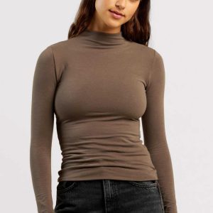 Cotton Stretch Long Sleeve Mock Neck Shirt | Mocha