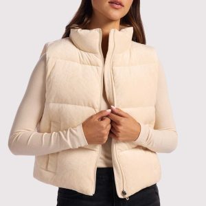 Ribbed Velour Puffer Vest | Bone