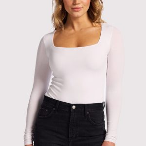 Cotton Stretch Long Sleeve Square Neck Bodysuit | White